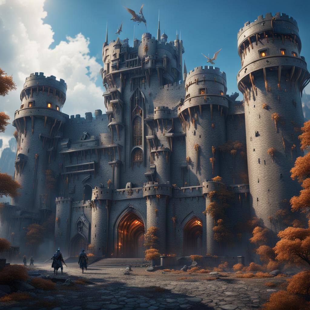 A unfathomably ginormous castle with gently glowing blue run...