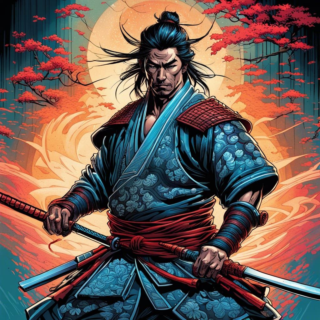 cool samurai warrior, energy bold warm soothing emotional, Mark Brooks ...