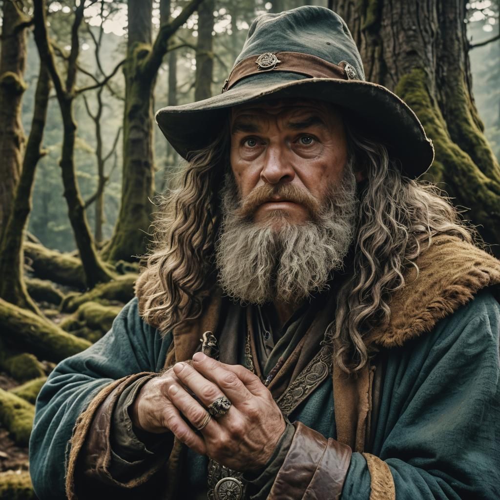Tom bombadil wearing the ring of power, looking curiously at...