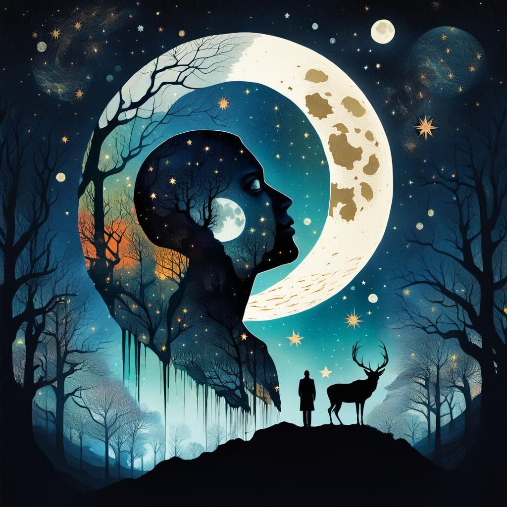 macabre, made of stars on a starry night" double exposure co...