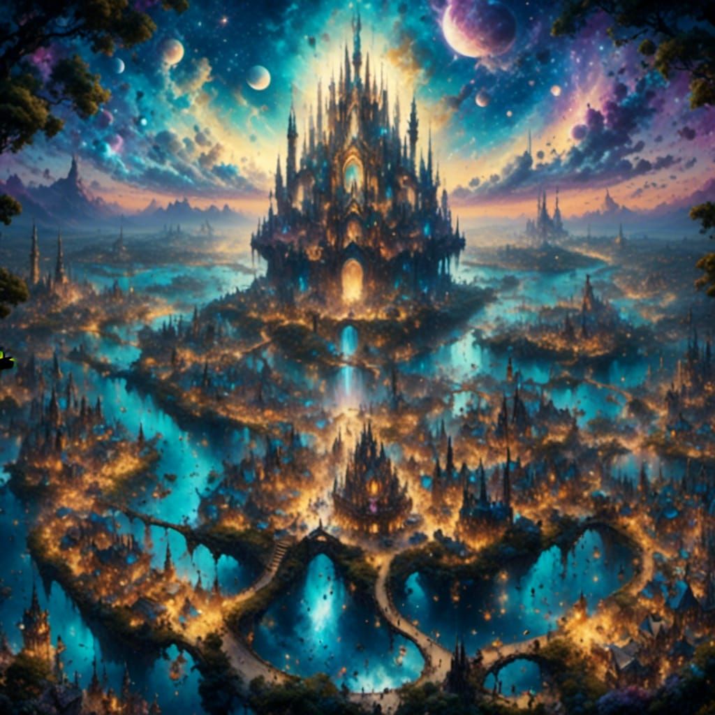 Sunset Cityscape with Galactic Star Cathedral