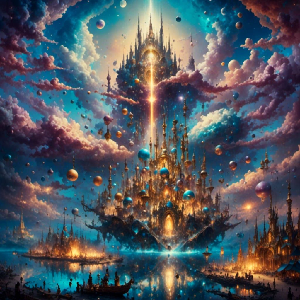 Sunset Cityscape with Galactic Star Cathedral