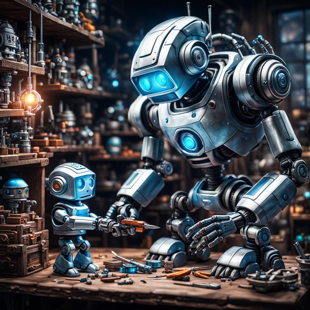 Small Robot Sidekick Assisting Dad  by @Inner Peace