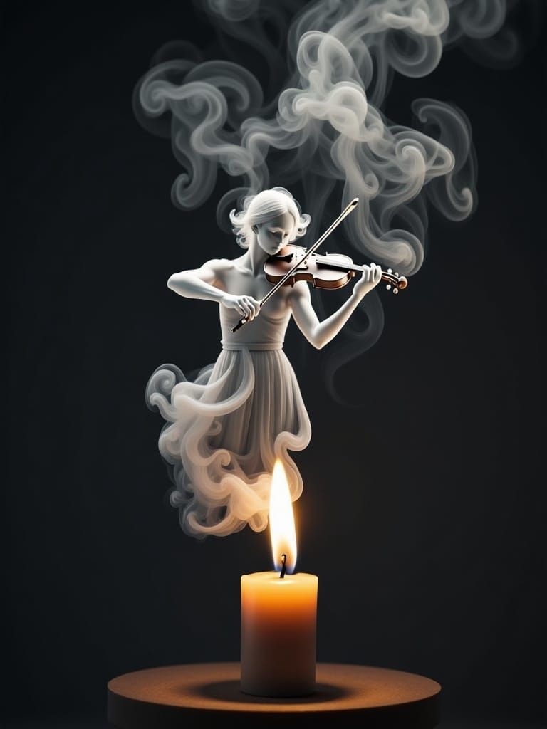 the smoke above a small candle takes on the shape of a sheer wispy partial person playing a violin<lora:Smokey FX:1.0> 