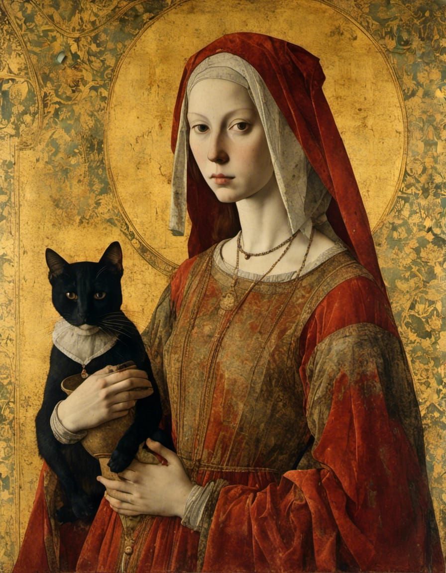 portrait of a medieval woman with a cat <lora:Medieval Paintings:1.0>