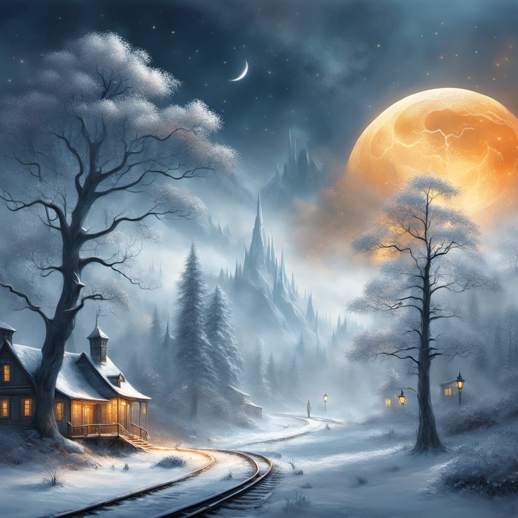 The central element is a large golden-orange crescent moon, covered in cracks and dark shadows, giving it an earthy or aged appearance. It i...