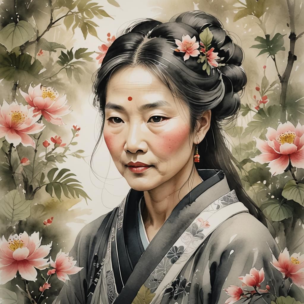 Ethereal Ink Wash Portrait of a Gentle Woman