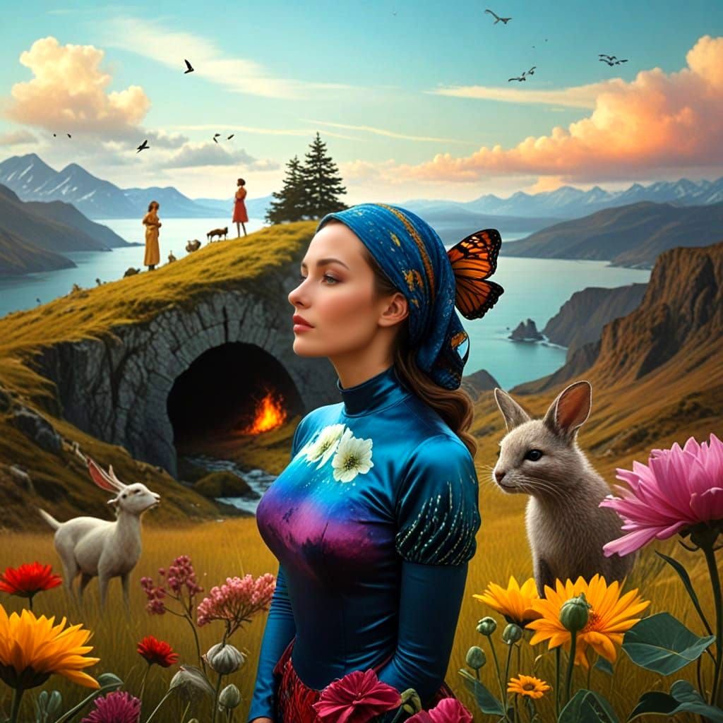Extravagant Lady in Vibrant Surrealistic Landscape