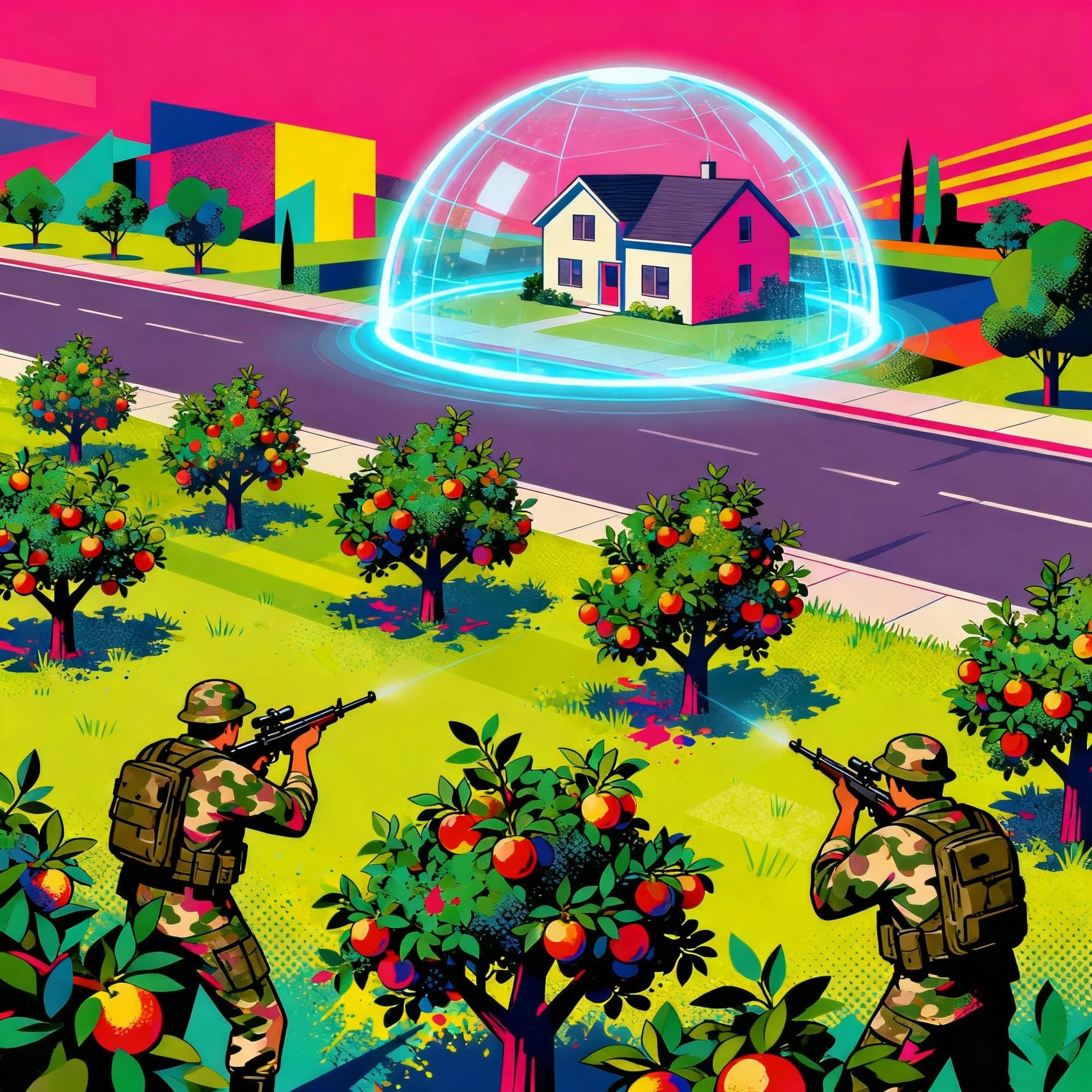 An isometric view of an orchard where three snipers have hidden in the trees dressed in camo, facing a house across the street covered in a dome forcefield.