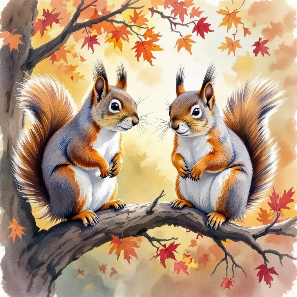  Two squirrels waiting for the pinecones to fall 