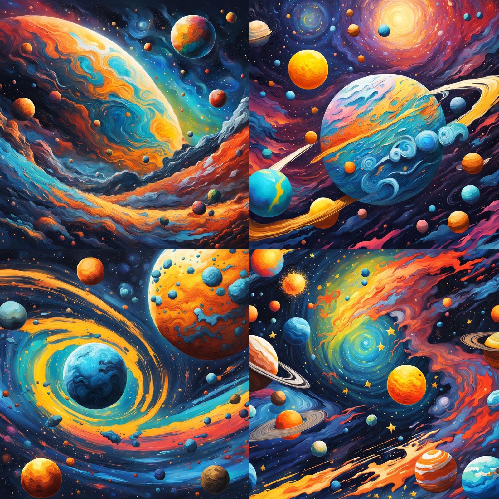 Make a space scene with colorful planets and Van Gogh's Star...