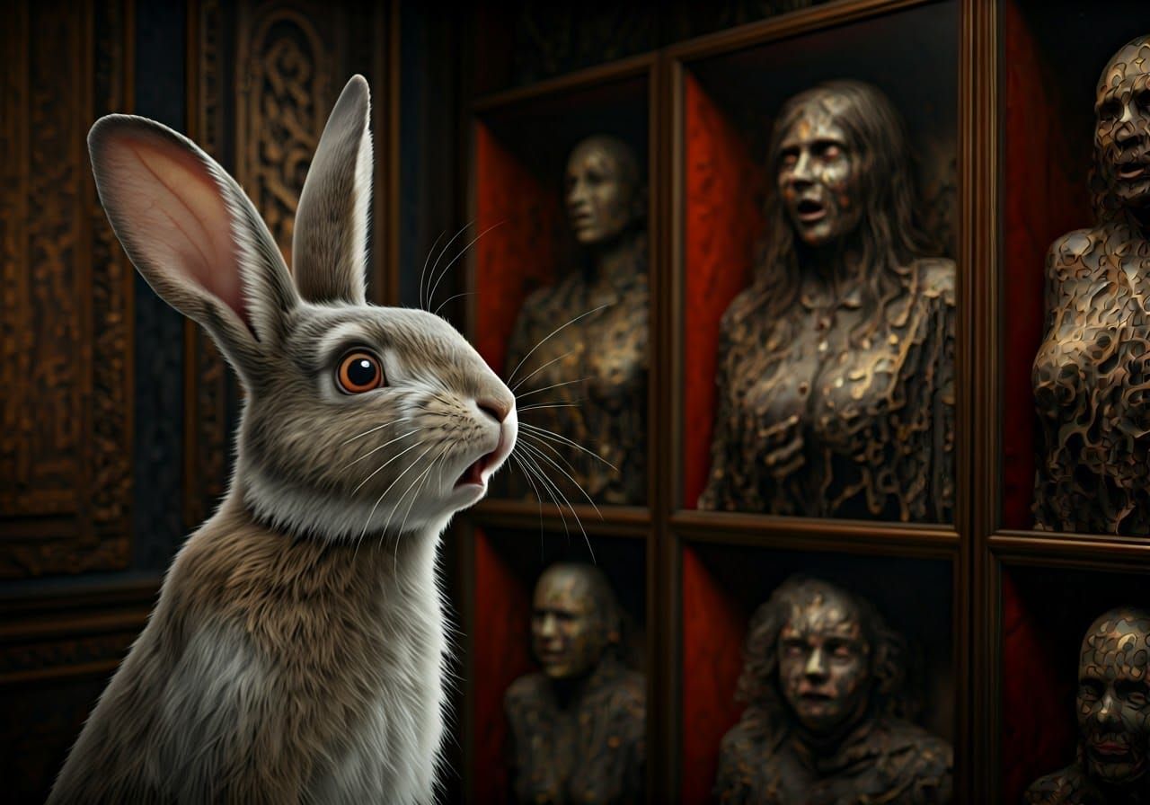 A shocked rabbit looks at a serial killer's macabre trophy gallery