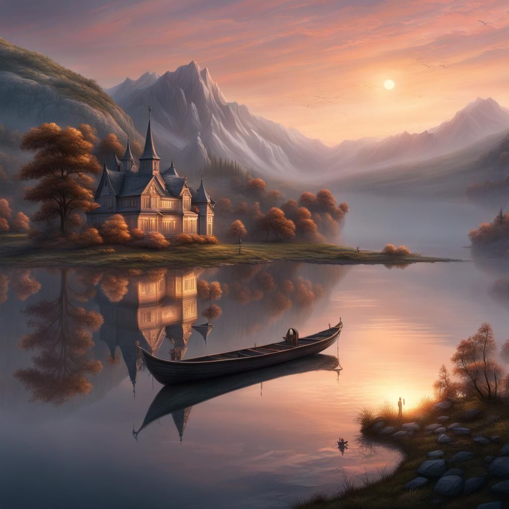 a tranquil lakeside scene bathed in the soft hues of dawn or...