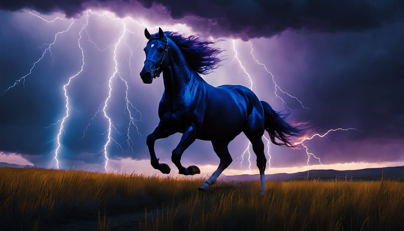 A majestic lightning horse and rider, composed of electric blue-white lightning, are dressed in flowing, wind-swept attire, embodying the fo...