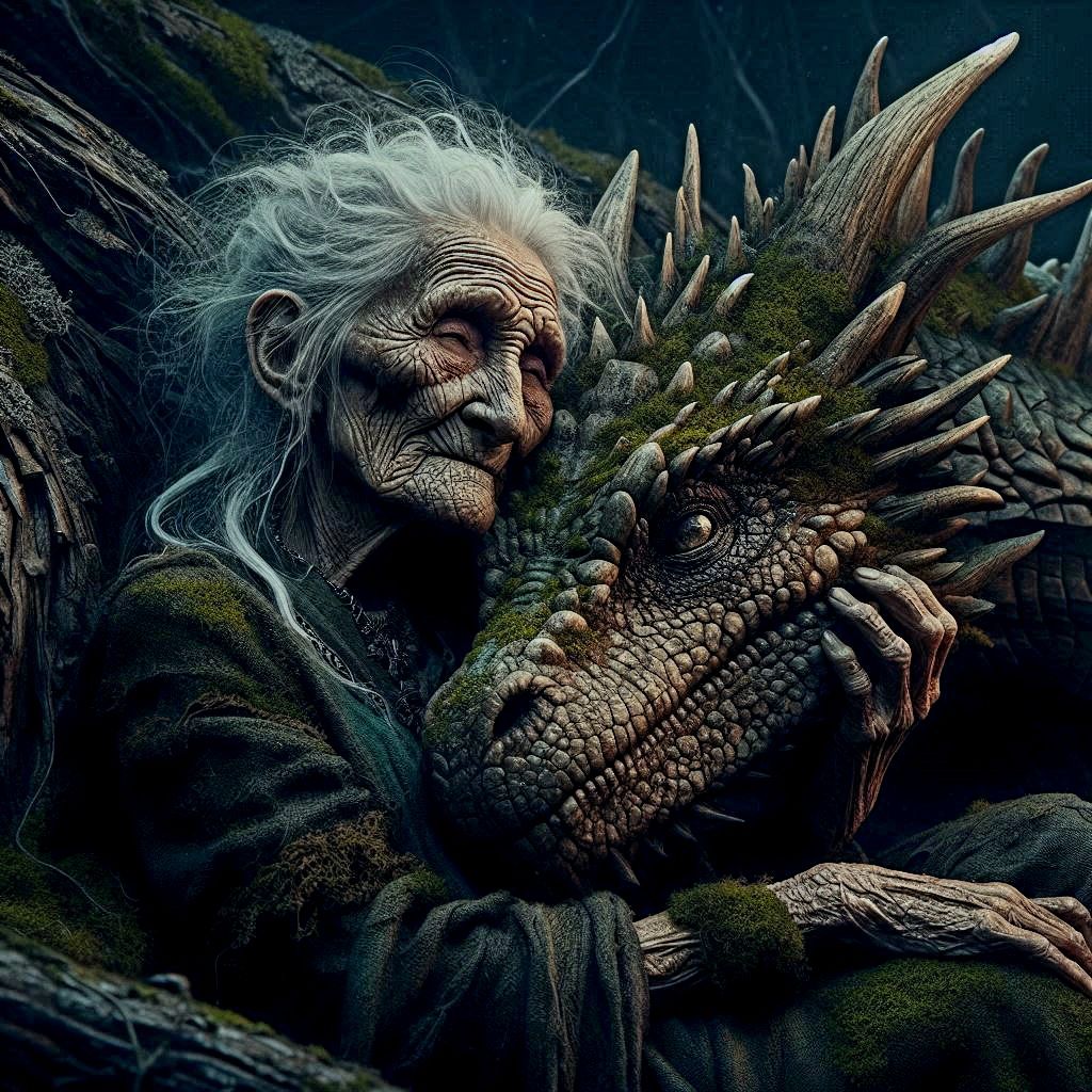 Old woman and dragon at rest
