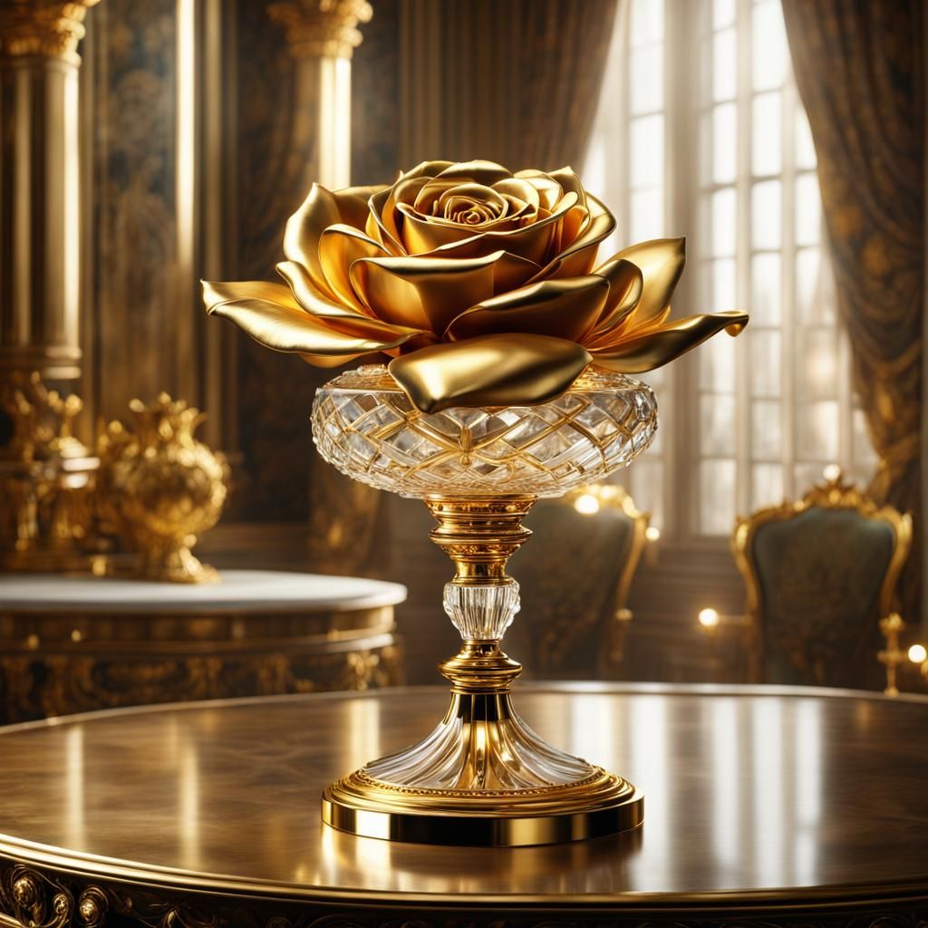 An amazing golden rose in a crystal vase on a table in a palace room