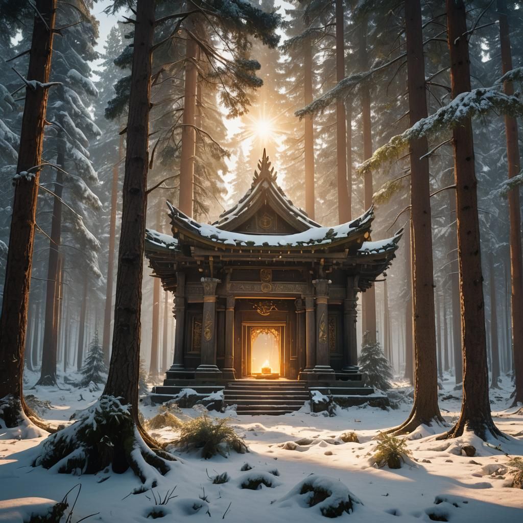 High fantasy epic legendary  forgotten shrine in the middle of the pine forest, scenic winter background,  sunshine piercing the trees, high...