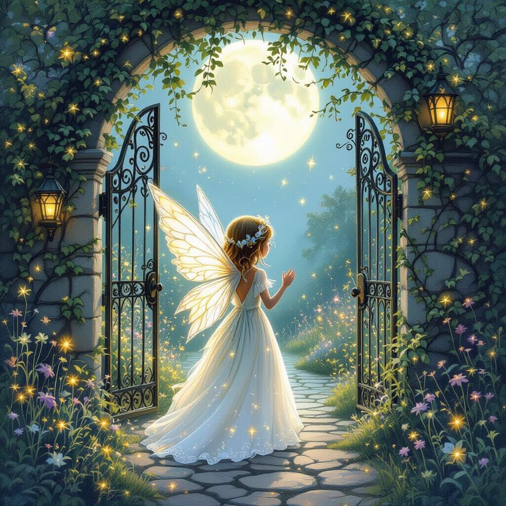 Small girl opening a gate of garden looks like a fairy garden at night with moon 