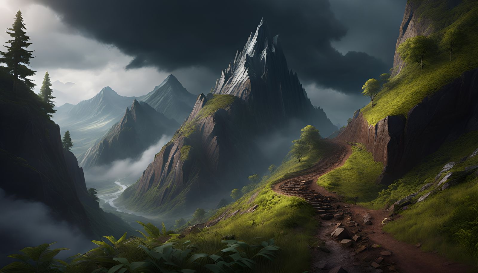 Landslide blocking a mountain path in a storm detailed matte painting ...