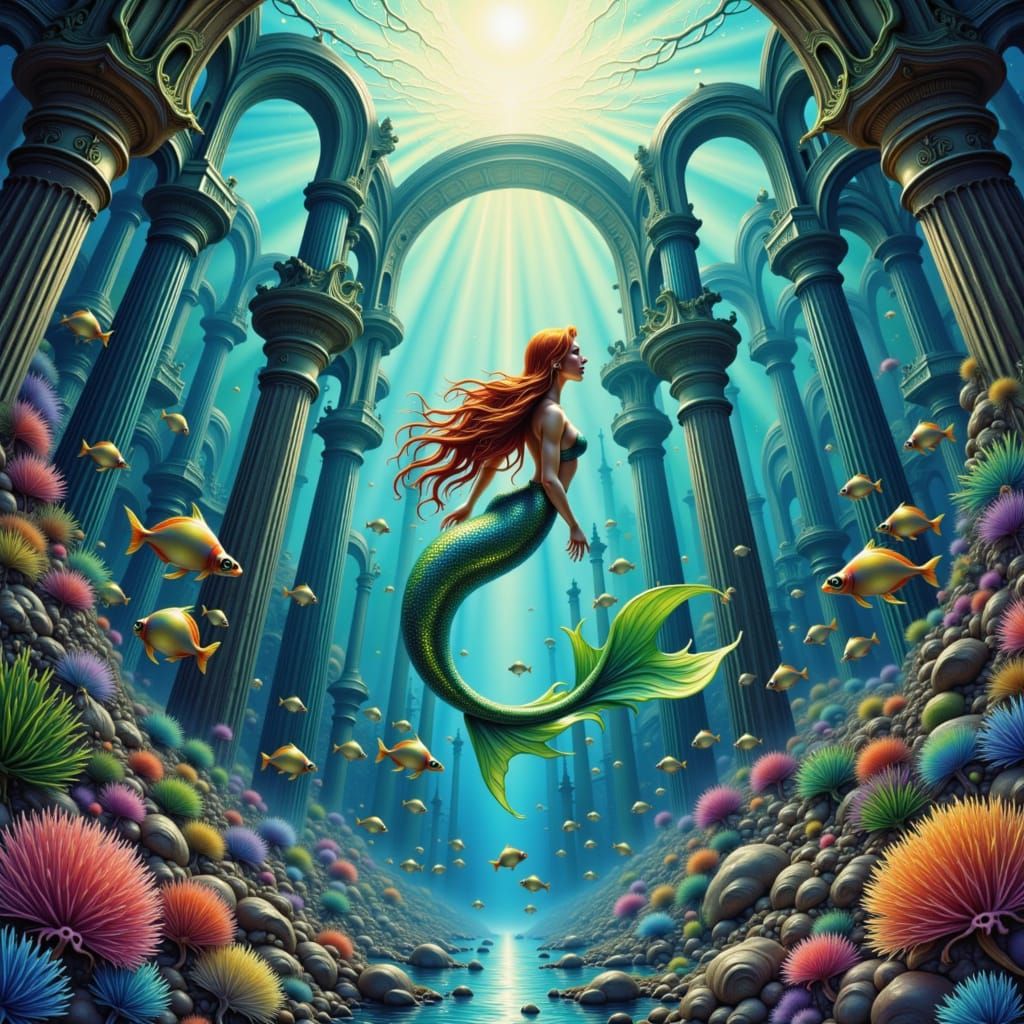 A regal mermaid with flowing auburn locks and a shimmering emerald tail glides through the grand, decaying ruins of underwater Atlantis, a s...