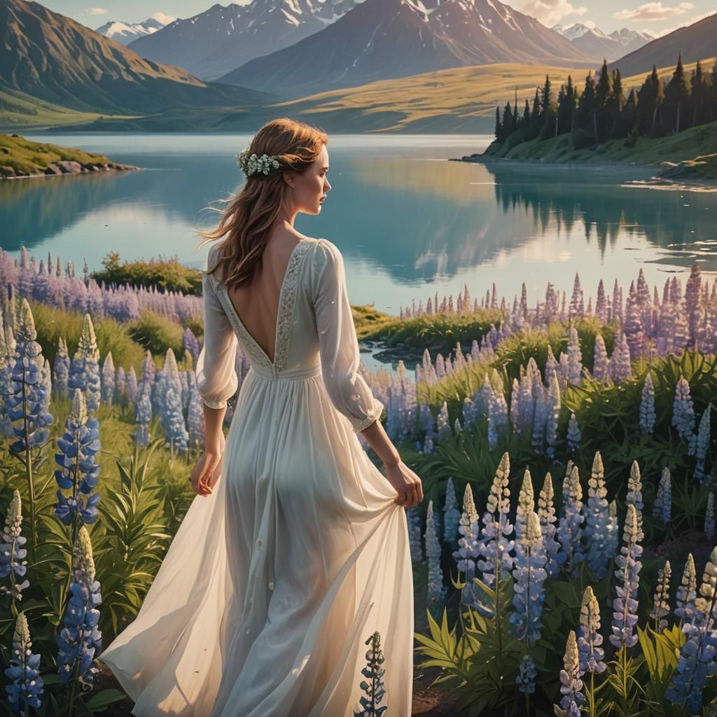 At lake Takapo a woman in a long white dress walks away through the lupins in the morning hazy light