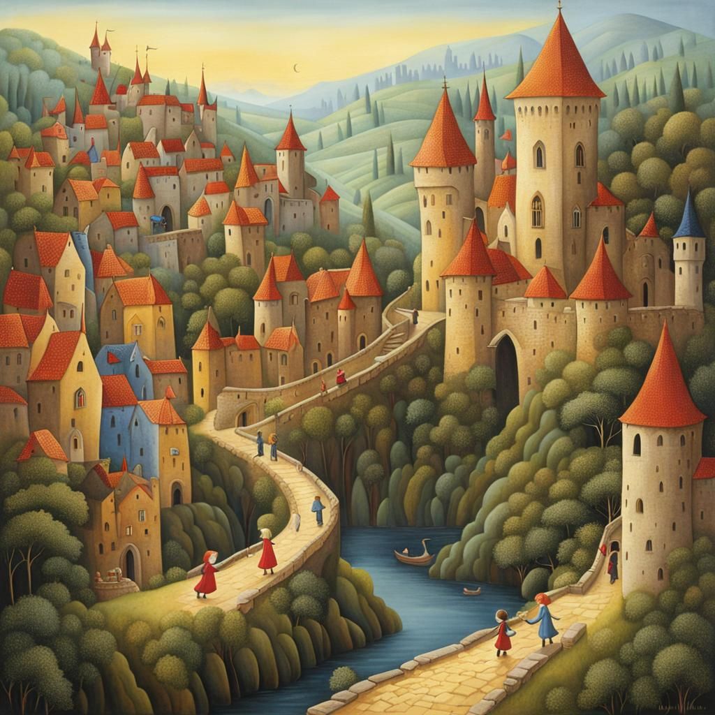Children play in the winding, mysterious medieval city, by M...