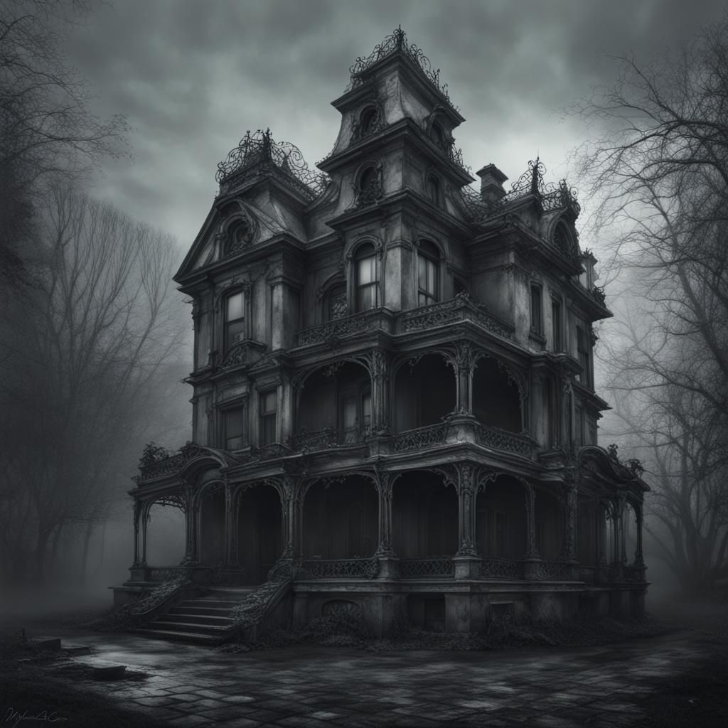 "Haunted mansion rundown art nouveau rococo architecture  di...