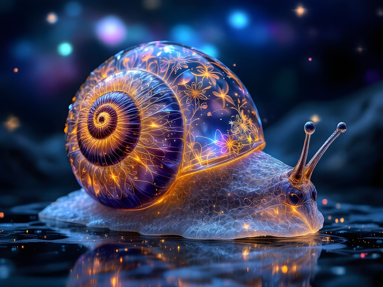 Glass Snail in Bioluminescent Fantasy Landscape