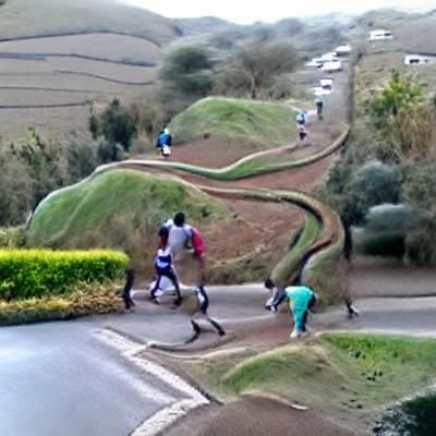 Kenyans running up a hilly meandering pathway