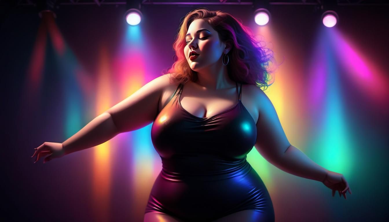curvy bbw lady dancing to her favorite song, dark stage, col...