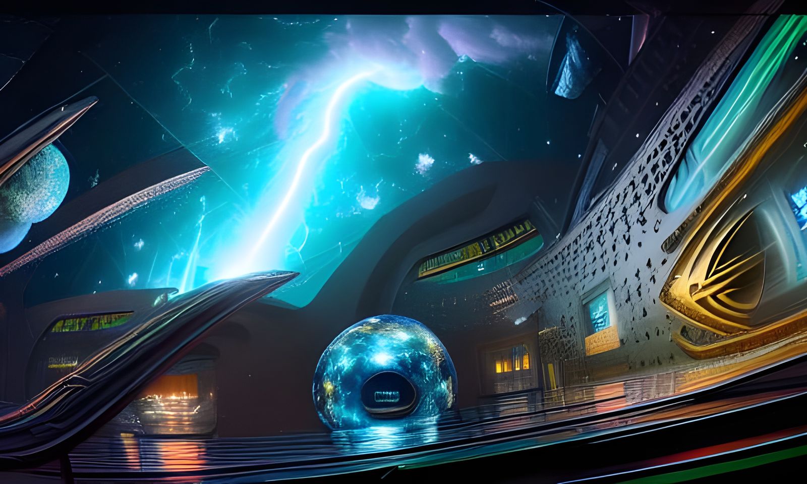 Electric storm Atrium with Galactic nebula full of falling s...