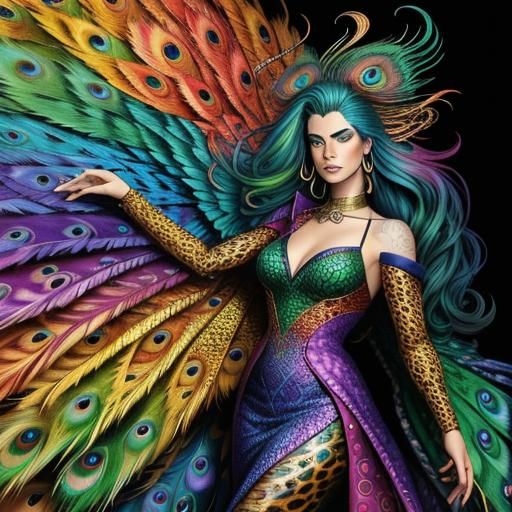 Beautiful woman colourful rainbow dragon scales. Peacock hai...