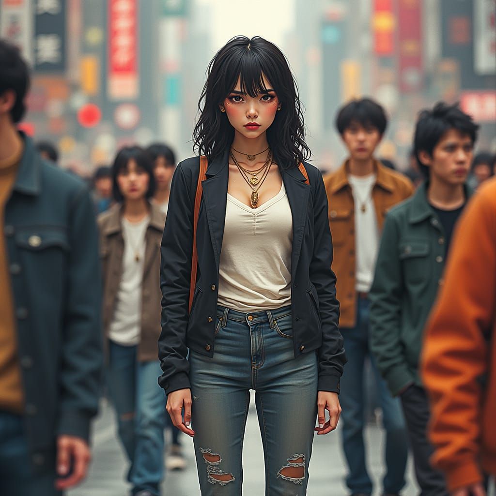 Frustrated Jane in Crowded Cityscape, Pop Art