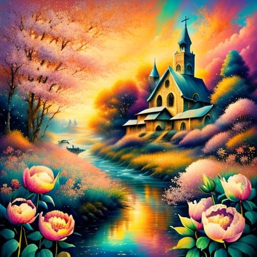 Dreamy Spring Sunset Boat Scene with Blooming Peonies