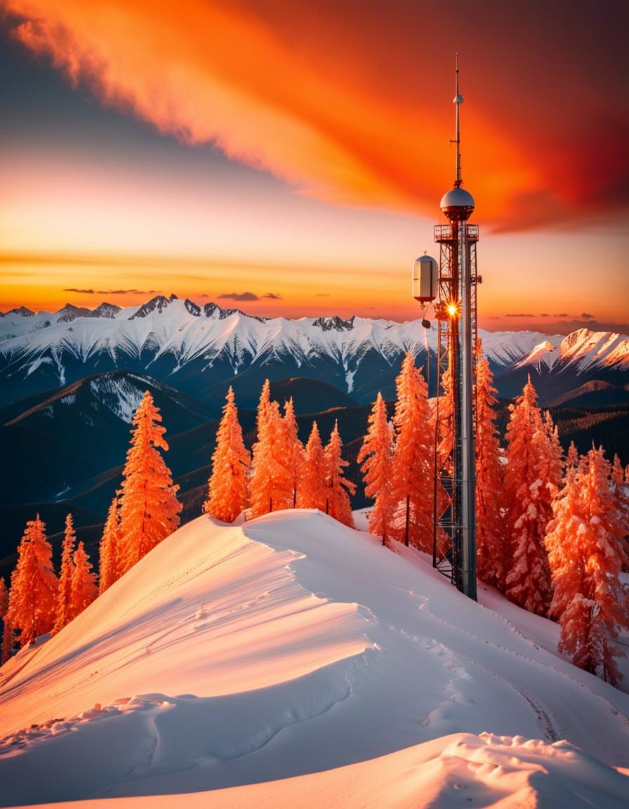 snow-covered, mountain peaks with a communication tower