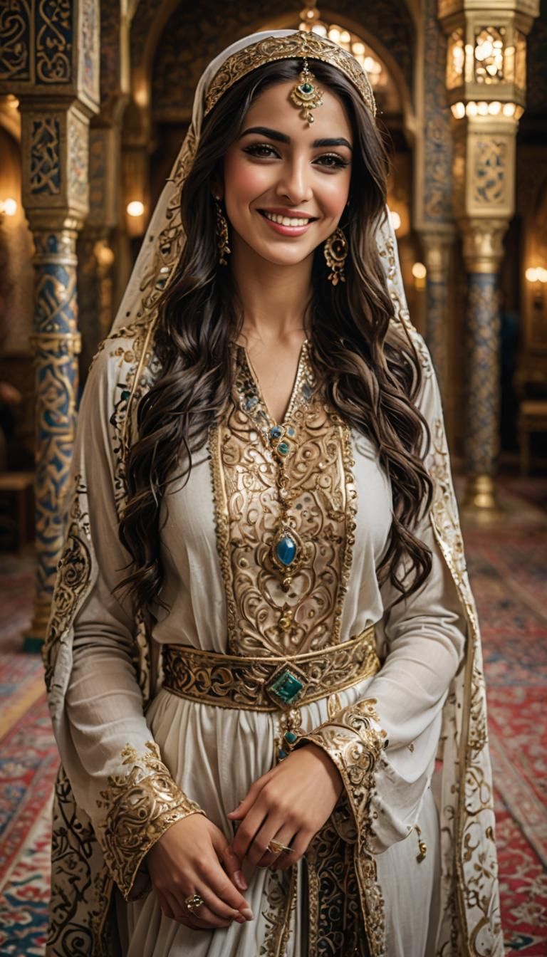 Beautiful Arabic woman in the harem 25 year old beautiful full length woman))),  Incredibly intricate with a stunning smile, shot on a Son... - AI Generated  Artwork - NightCafe Creator