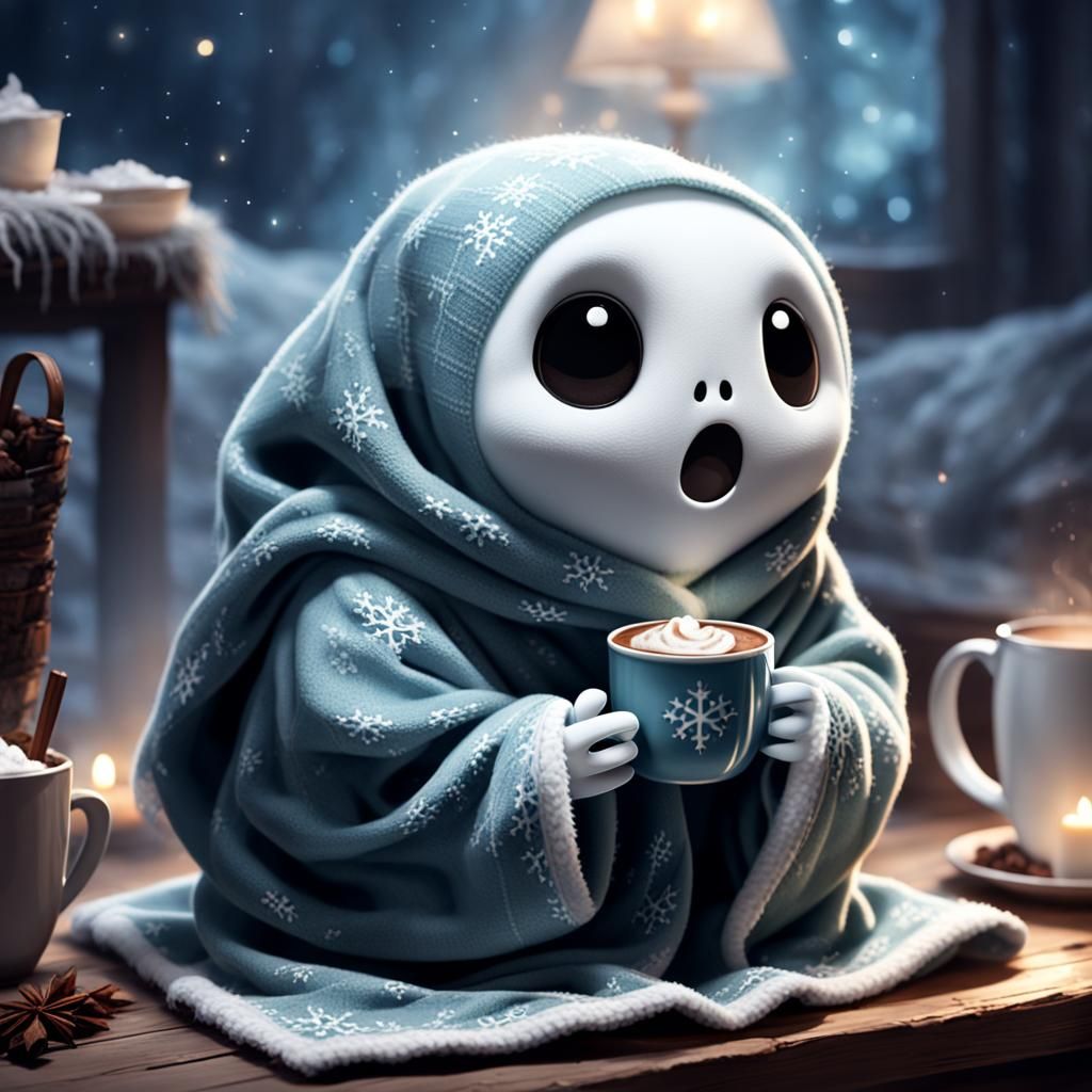 a tiny ghost wrapped in a cozy blanket, holding a cup of hot cocoa.
 I don't recommend it, it's unusual, ...  by @Kondra Katalin 