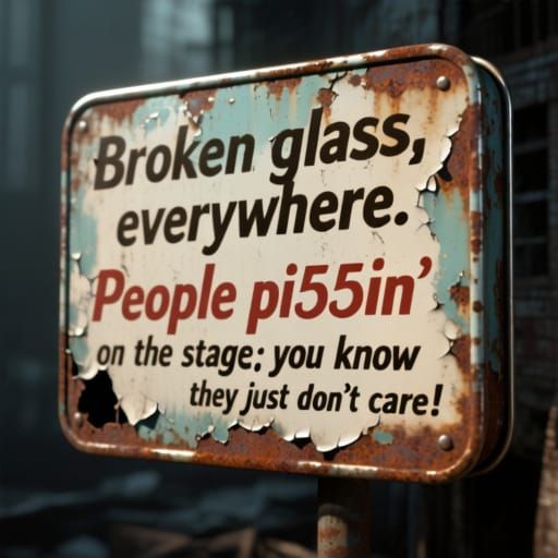 3d rusty vintage enamel tin sign reads: " Broken glass, everywhere. People pi55in' on the stage; you know they just don't care!"