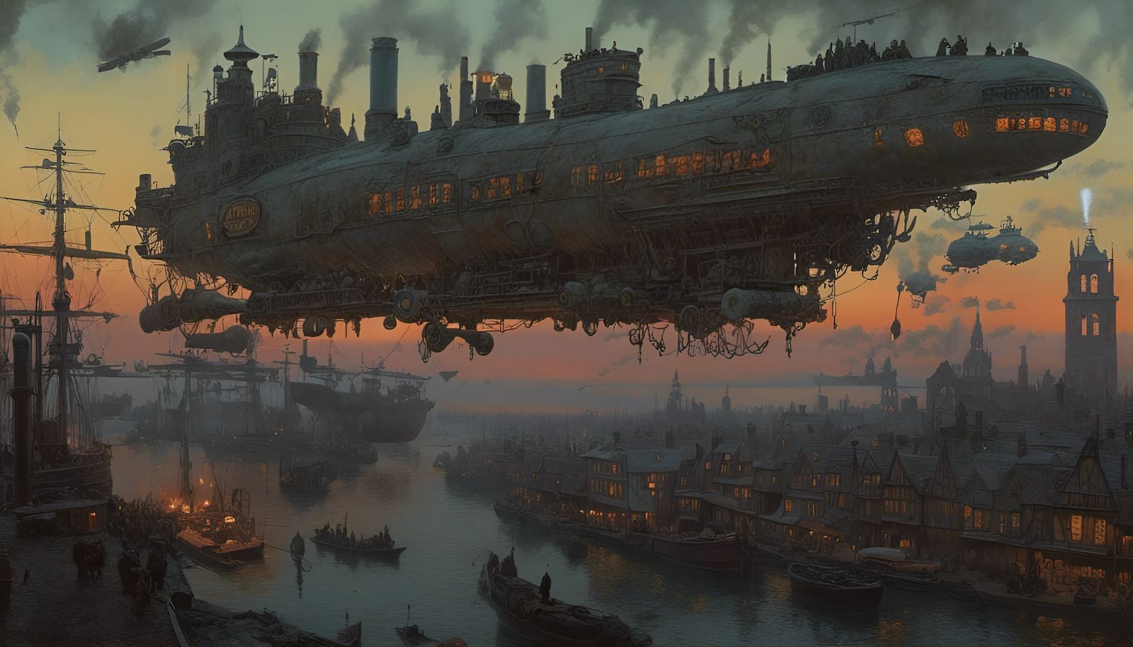 Airship Over Old-Town Harbour - AI Generated Artwork - NightCafe Creator