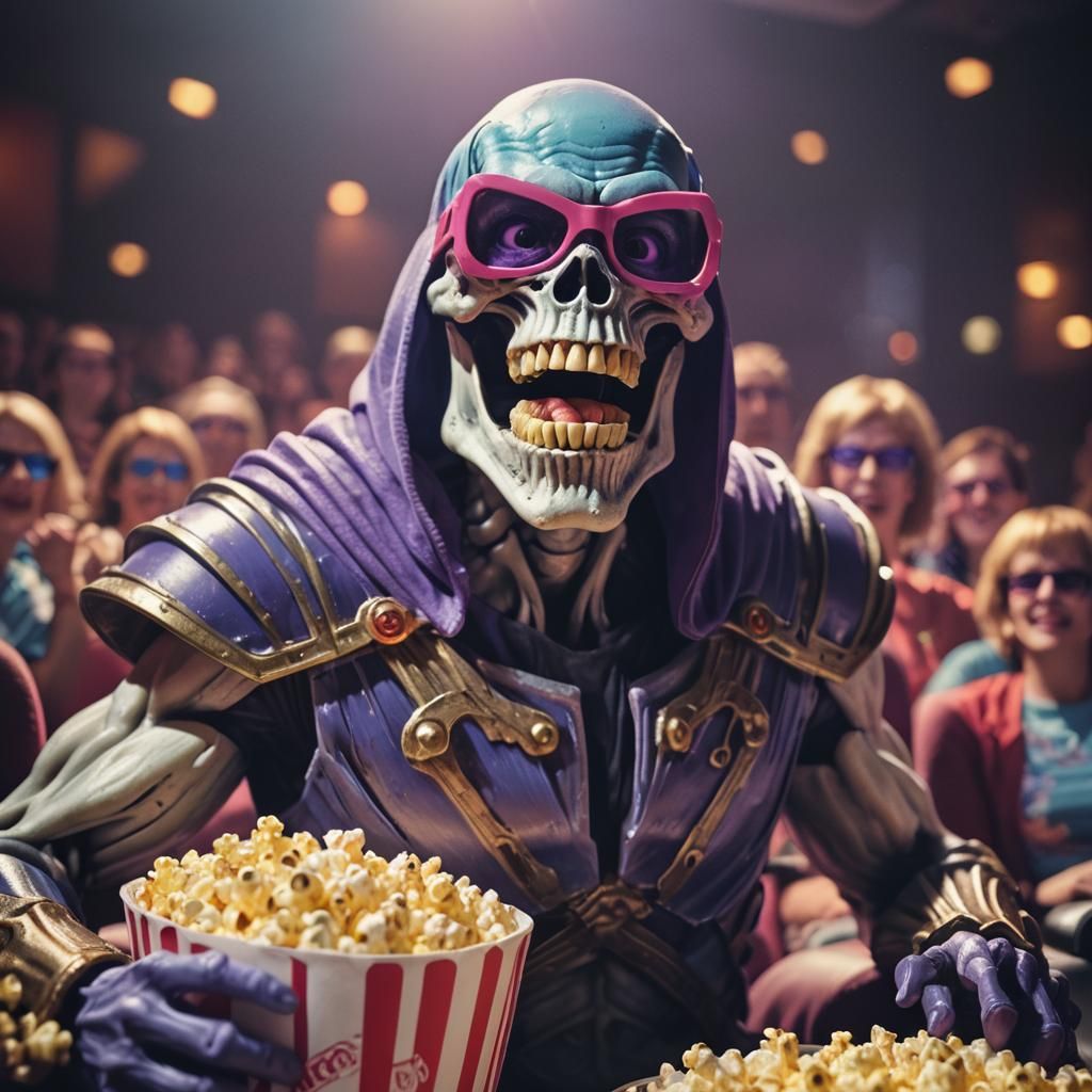 An excited Skeletor is at the movie theater watching a movie...