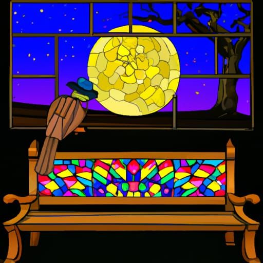 A beautiful moon out while a zombie sits on a park bench wit...