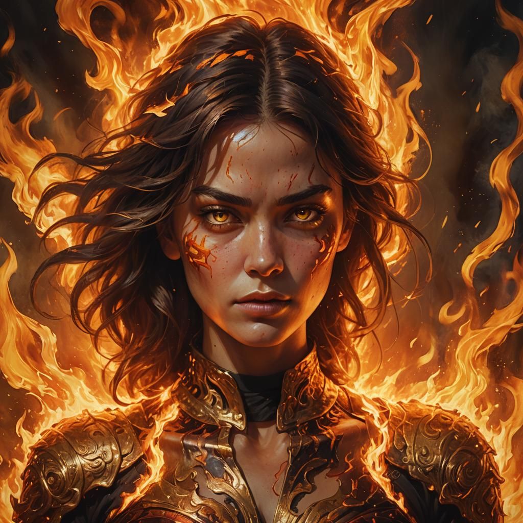 Fiery Woman in Blazing Inferno: Hyperrealistic Concept Art