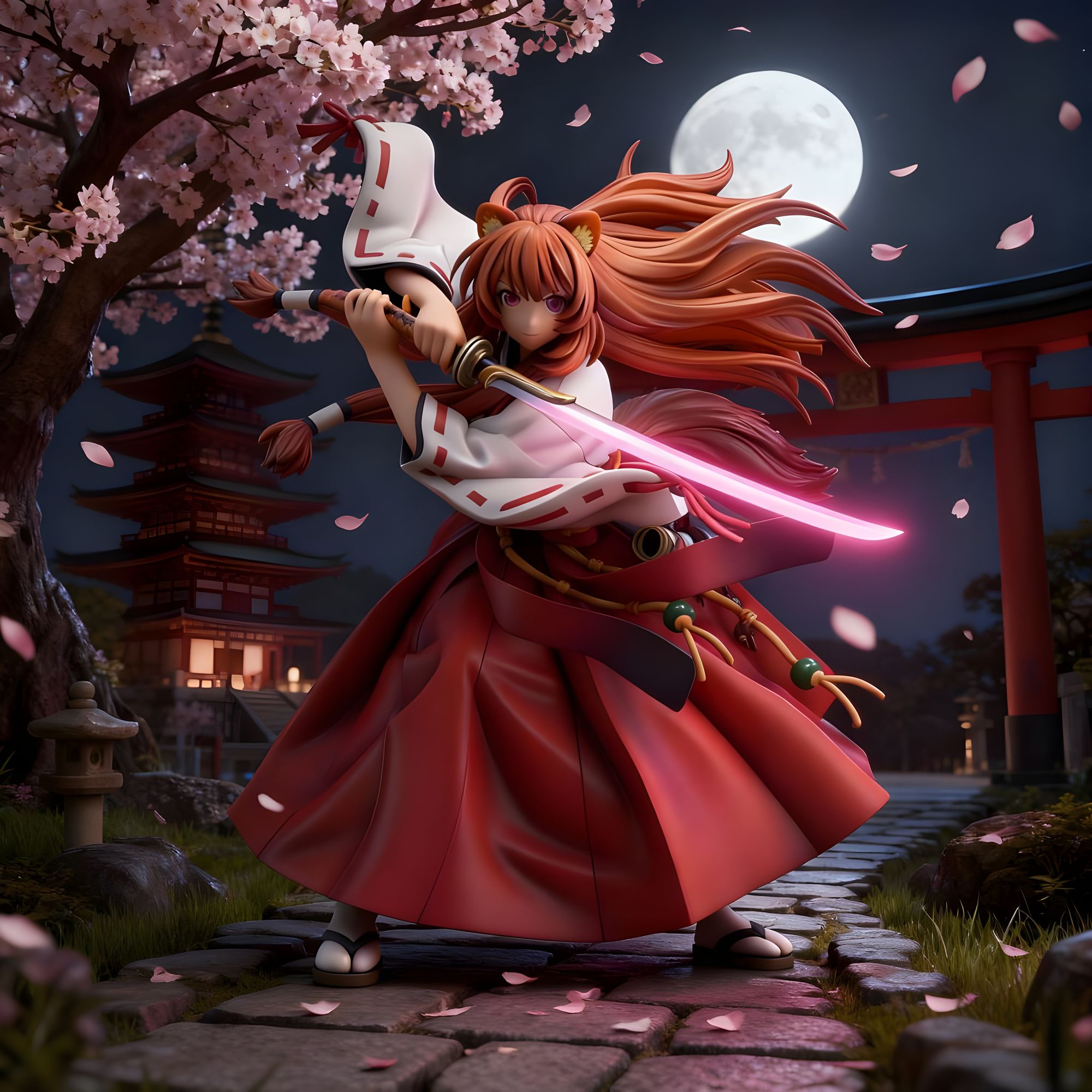 A stylish anthropomorphic fox wearing a kimono under sakura tree with the moon glow on the blade. 
She has her feet on a stone path. With a ...