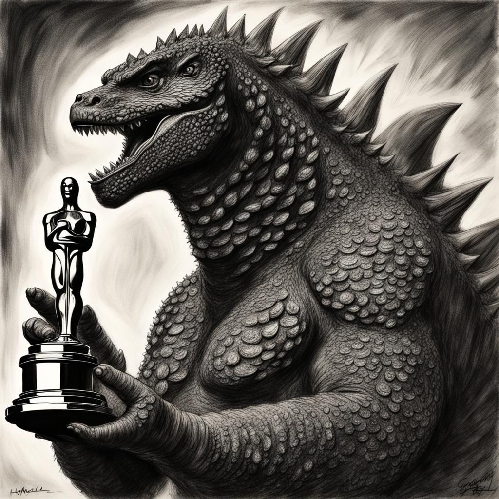 Godzilla accepting an Oscar award charcoal 