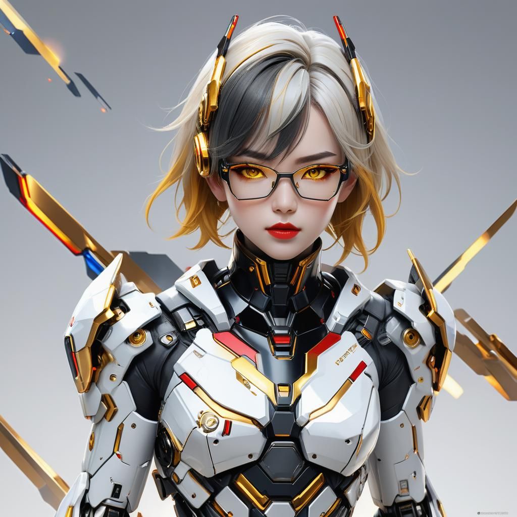 A portrait of ‘A FEMALE DEMI-HUMAN’ wearing her advanced mecha suit in a white background, black smoky effect with specs of gold lining, cos...