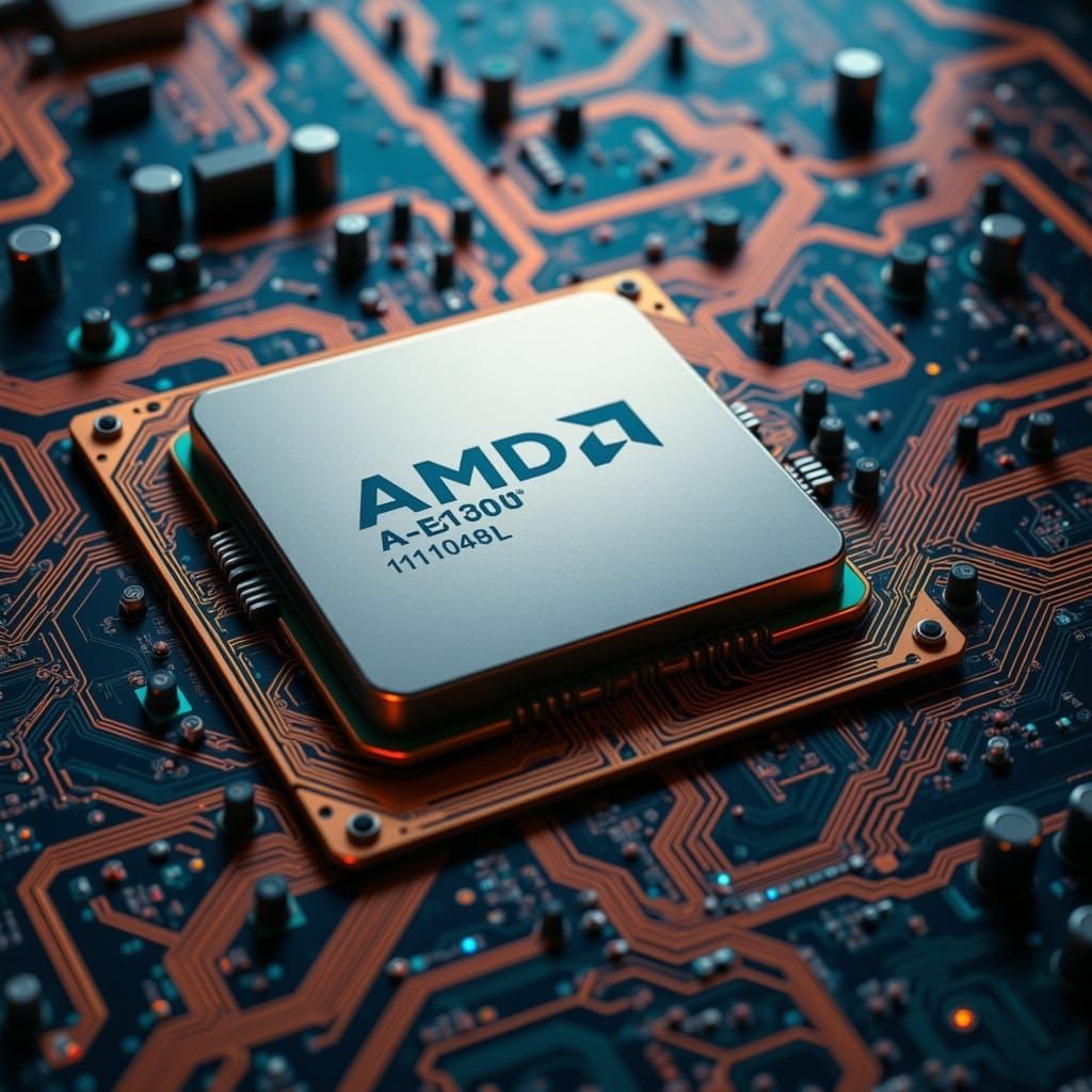 A computer processor with the letters "AMD" on it. Installed on an PCB motherboard. <lora:Circuits and Tubes:1.0>