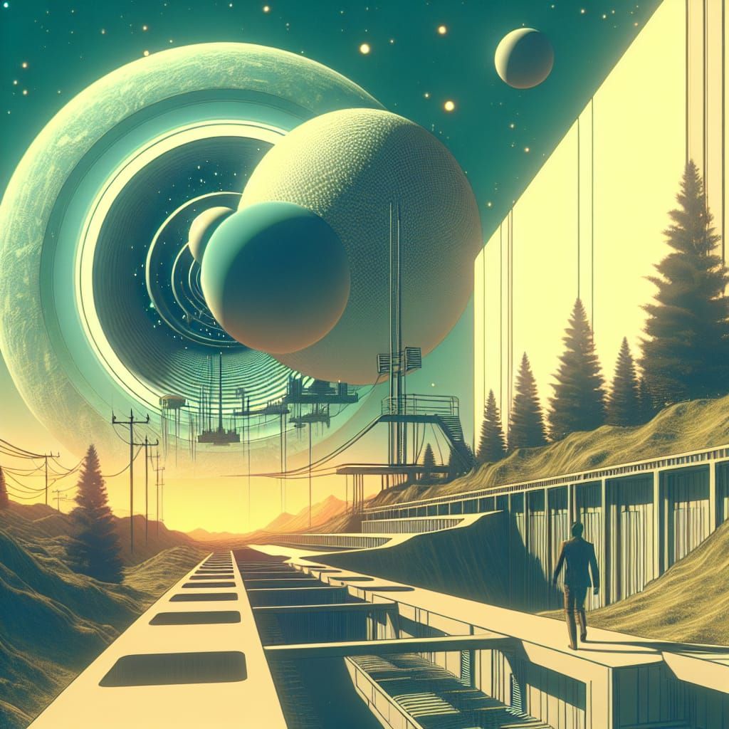 A non-lieu dreamcore scene, 1970s sci-fi aesthetic, liminal space, surreal optical illusion. The scene is rendered in a minimalist style, wi...