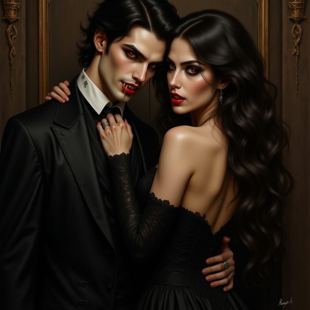 A handsome vampire man with red eyes shows his fangs to a beautiful brunette woman. In the style of vampire with fangs. <lora:Elite Vampires...