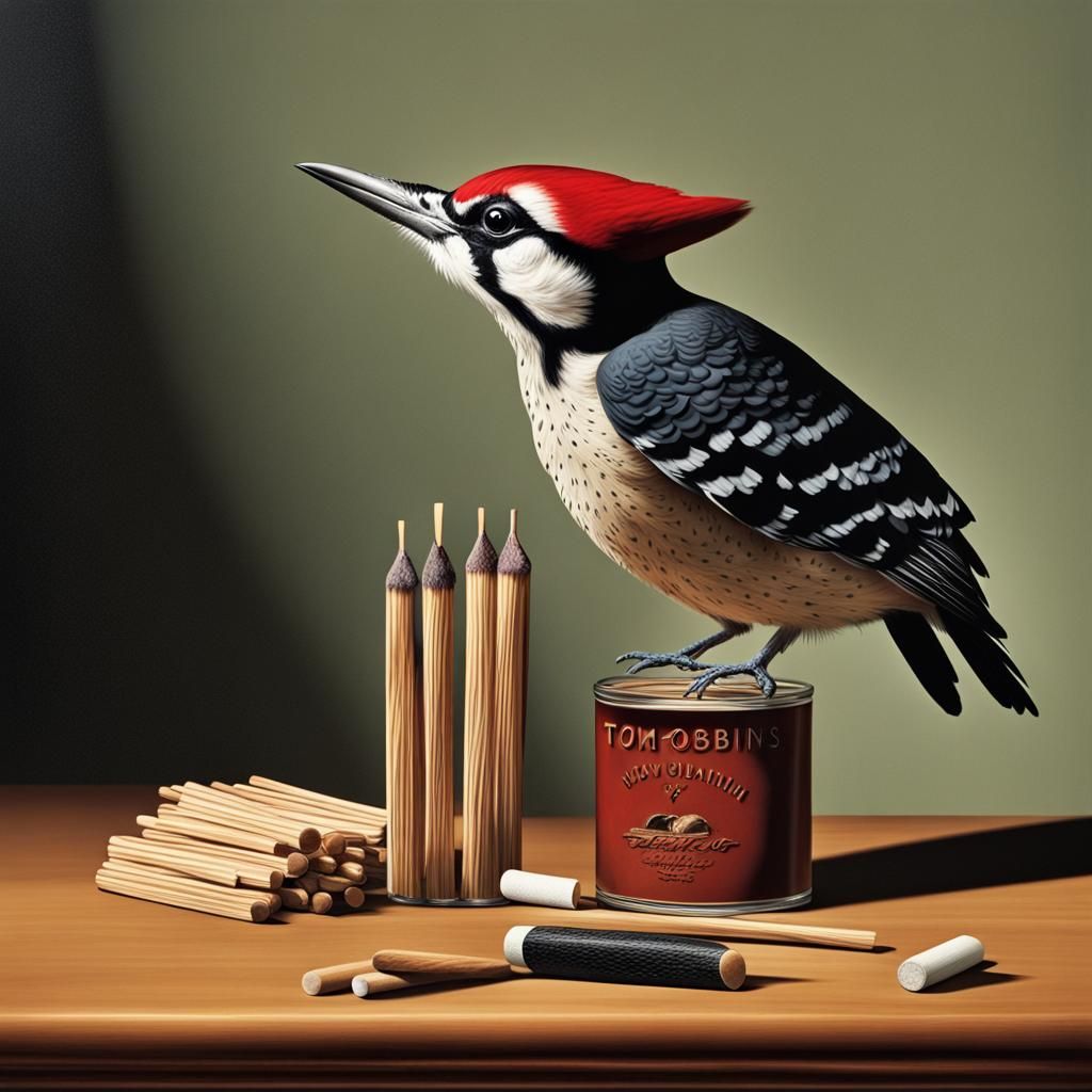 a still life with a woodpecker holding an unlit wooden match...