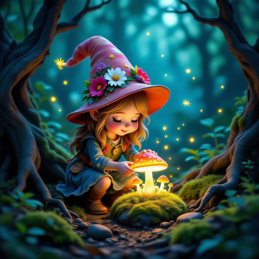 Whimsical Gnome Girl Tends Glowing Mushroom Garden
